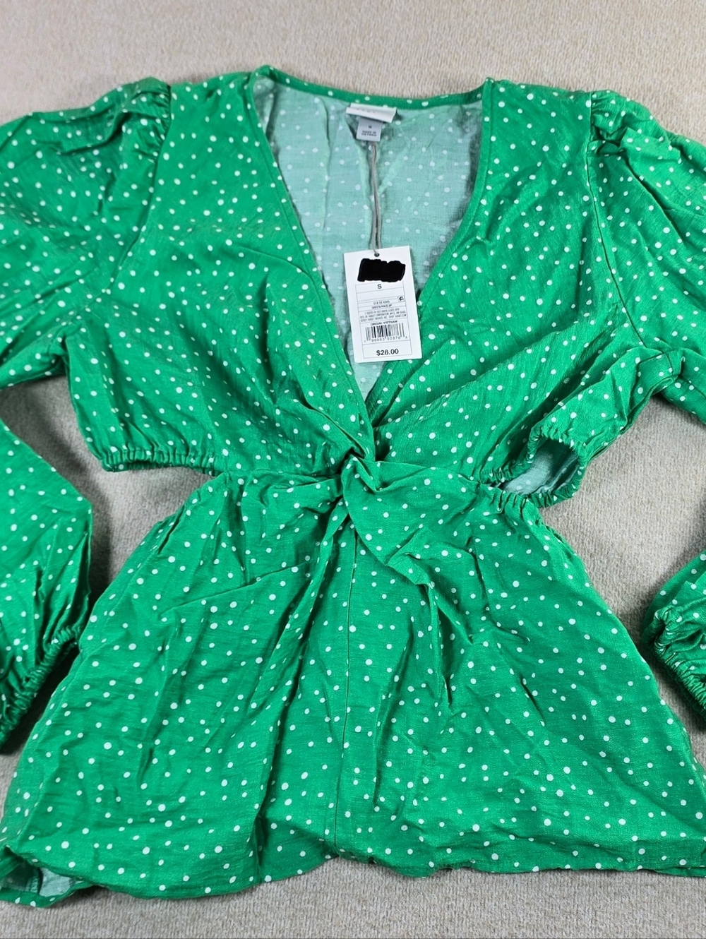 a new day Green White Polka Dot Twist Front Cutout Long Sleeve Blouse NWT